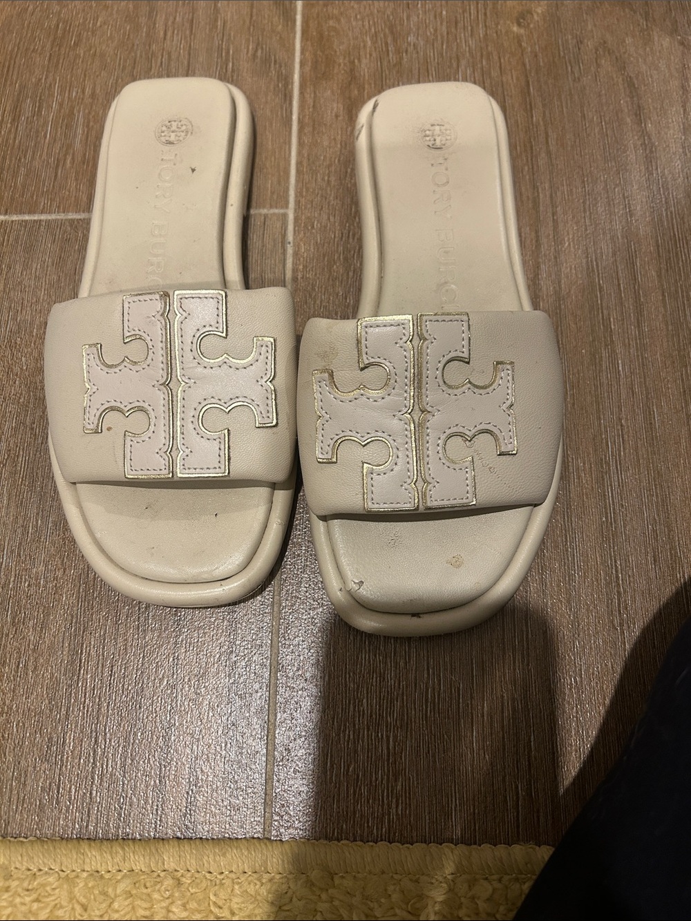 Tory Burch Cream Leather Logo Slide Sandals